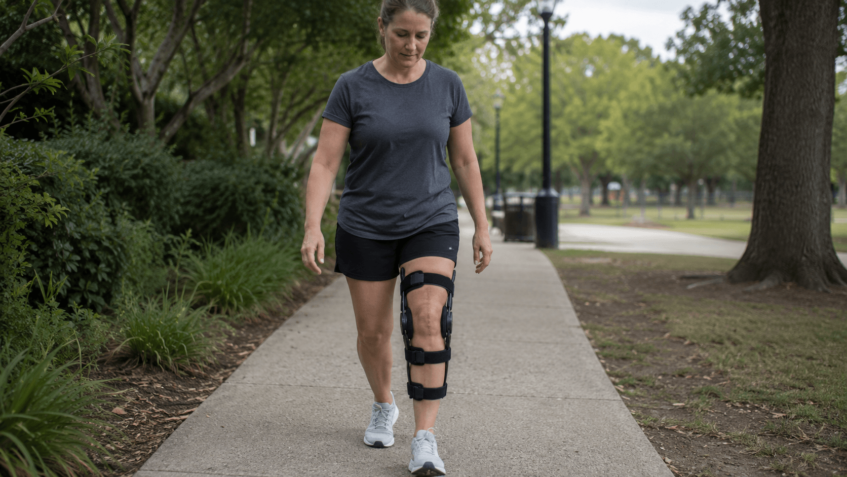 A person walking slowly on a path with a knee brace, early in ACL recovery
