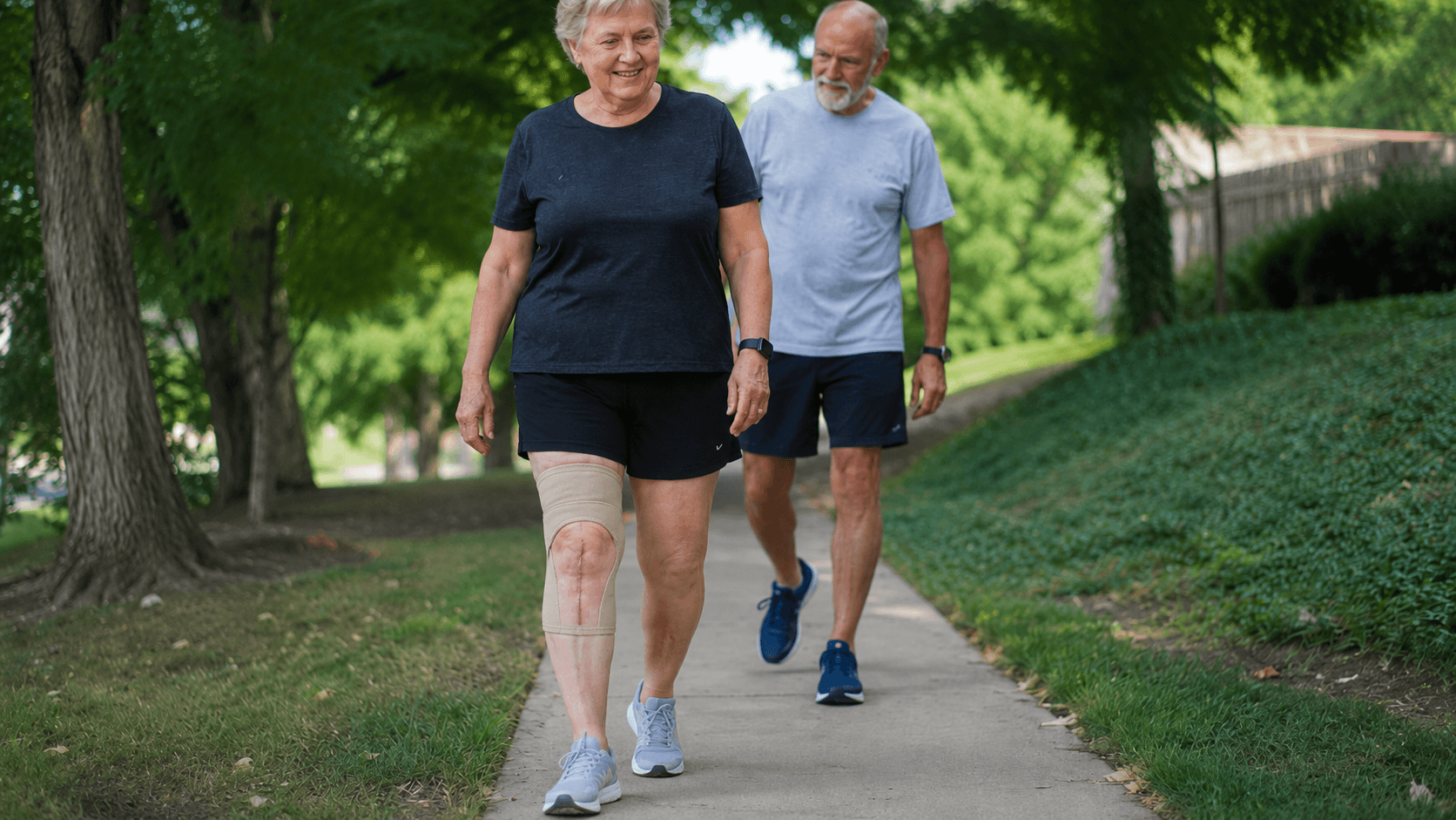 An older woman with a knee compression sleeve and visible surgical scar walks on a paved path with a companion during knee replacement recovery.