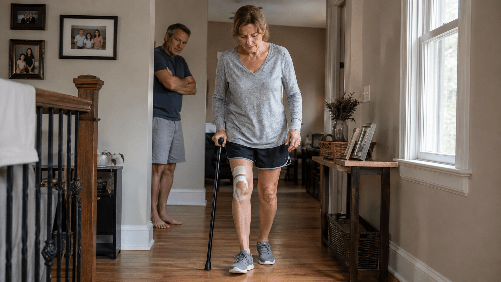Person walking slowly down a hospital corridor with a walker, sunlight coming through the window