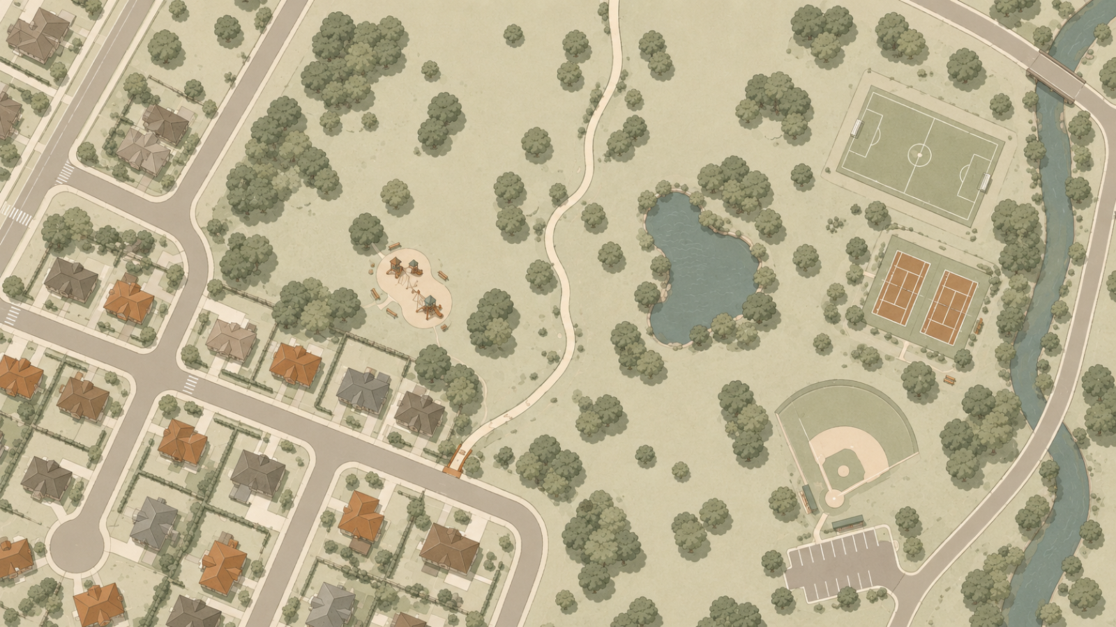 Aerial illustration of a neighborhood and park, showing a walking route